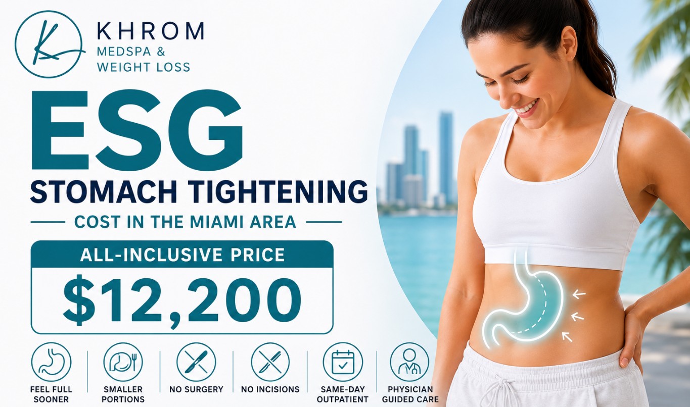 ESG stomach tightening cost in the Miami area infographic showing the all-inclusive $12,200 price for Endoscopic Sleeve Gastroplasty at Khrom MedSpa & Weight Loss serving Coral Springs, Miami, Fort Lauderdale, Boca Raton, West Palm Beach, and South Florida.