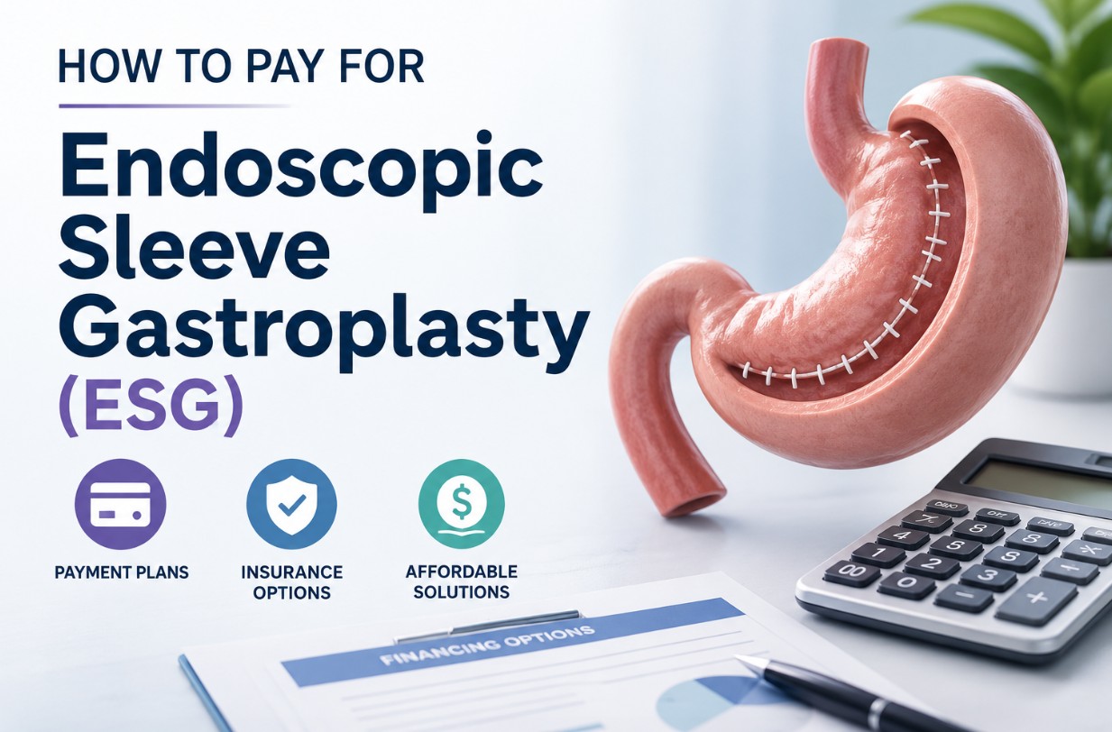 How to Pay for Endoscopic Sleeve Gastroplasty (ESG) infographic illustrating financing, insurance, and monthly payment options for ESG weight loss treatment at Khrom MedSpa & Weight Loss.