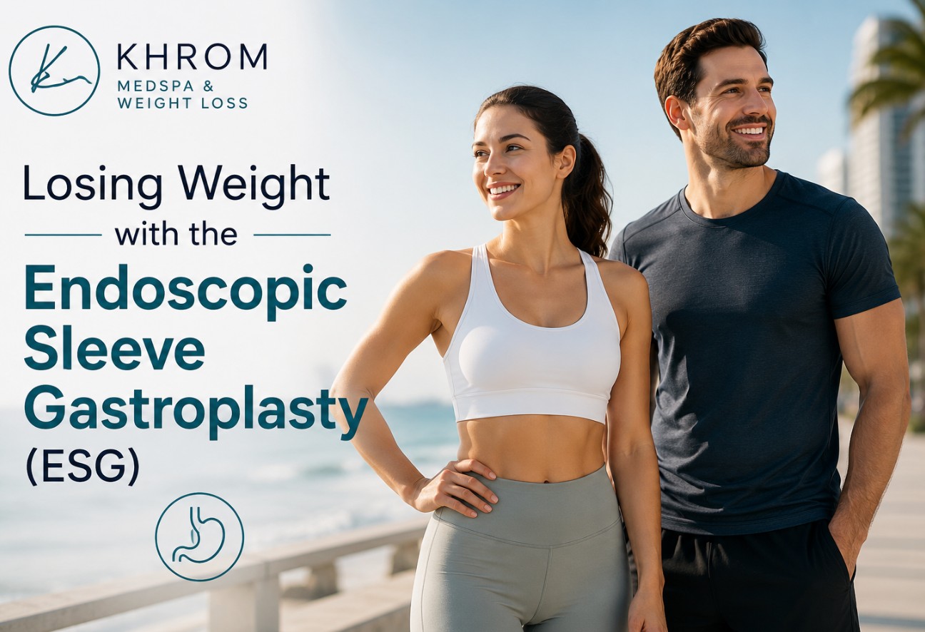 Losing Weight with Endoscopic Sleeve Gastroplasty (ESG) promotional image featuring healthy adults and Khrom MedSpa & Weight Loss in Coral Springs, serving South Florida.