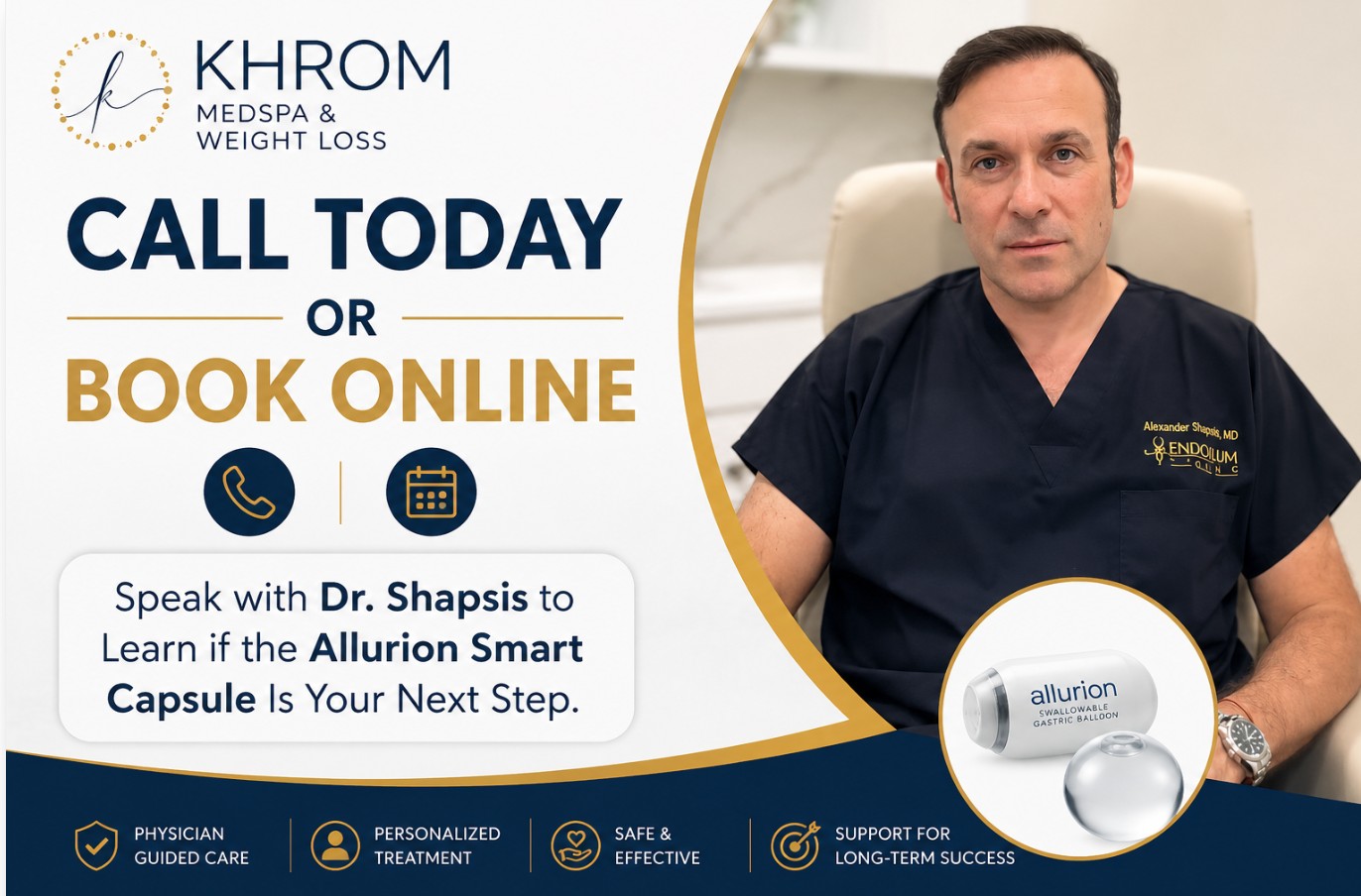 Dr. Alexander Shapsis discussing the Allurion Smart Capsule at Khrom MedSpa & Weight Loss, encouraging patients to schedule a consultation to explore alternatives to Ozempic® and Wegovy®.