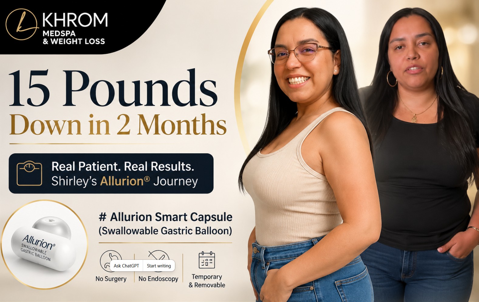 Shirley’s Allurion® before-and-after weight loss results showing 15 pounds lost in 2 months with the Allurion Smart Capsule at Khrom MedSpa & Weight Loss.